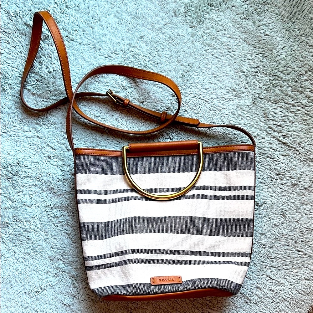 Fossil Black and White Striped Crossbody with Gold Handles